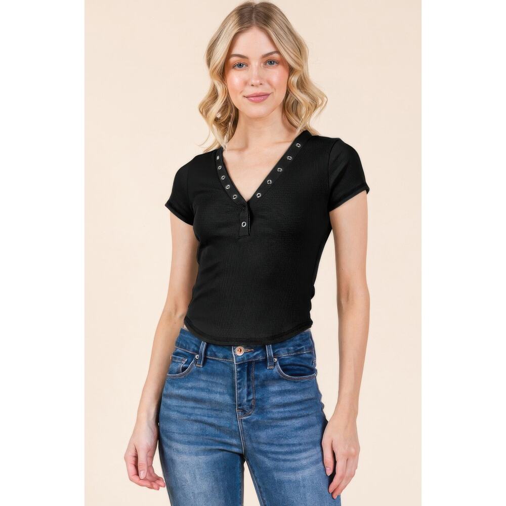HackleBee | Black Insert Lace Snap Detail Top W/ Reverse Stitch Size S, M, L